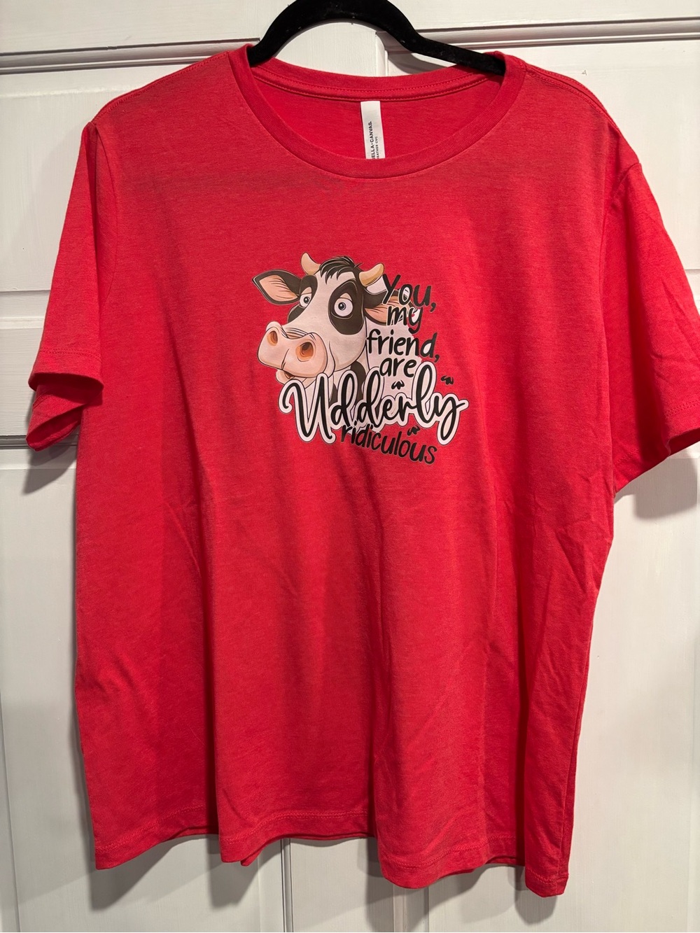 Bella Canvas Red adult tee with Playful Cow Graphic
